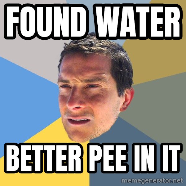 Bear Grylls meme: found water / better pee in it