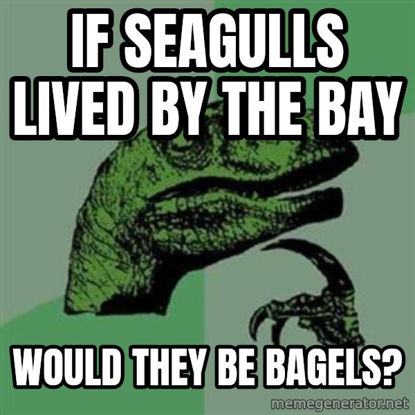 Philosoraptor meme: If seagulls lived by the bay / wOULD THEY BE bagels?