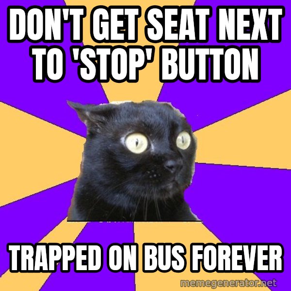 Anxiety Cat meme: Don't get seat next to 'stop' button / trapped on bus forever