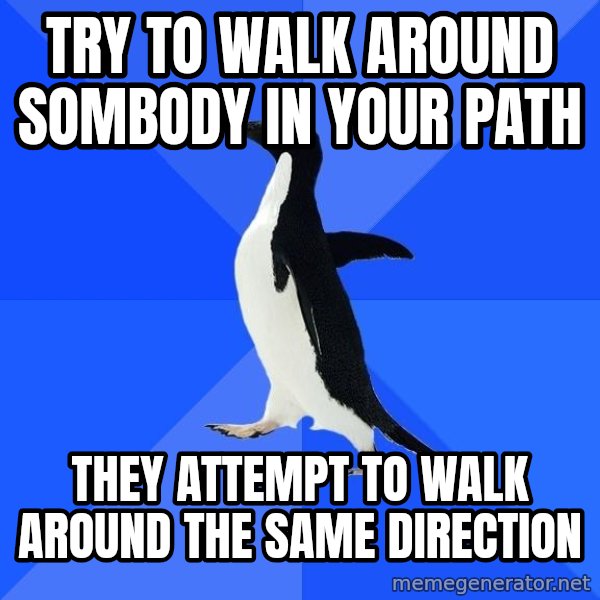 Socially Awkward Penguin meme: Try to walk around sombody in your path / they attempt to walk around the same direction