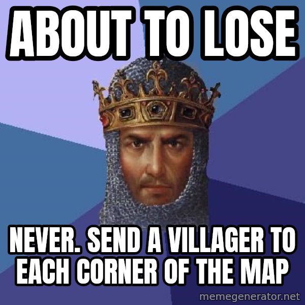 Age Of Empires meme: ABOUT TO LOSE / NEVER. SEND A VILLAGER TO EACH CORNER OF THE MAP