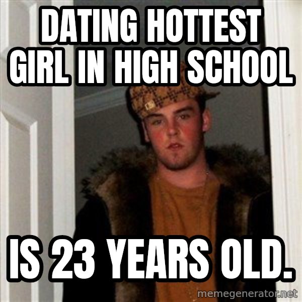 Scumbag Steve meme: Dating hottest girl in high school / Is 23 years old.