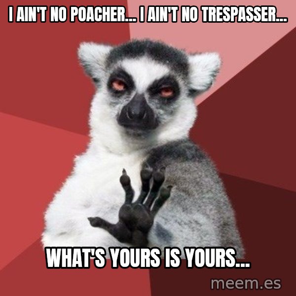 Chill Out Lemur meme: i ain't no poacher... i ain't no trespasser... / what's yours is yours...