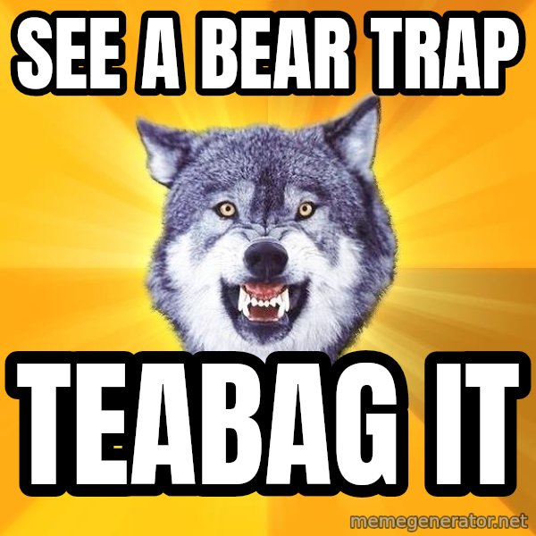 Courage Wolf meme: See a bear trap / Teabag it