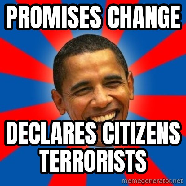 Obama meme: Promises ChANGE / DeCLARES CITIZENS TERRORISTS