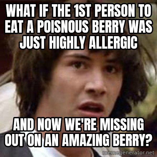 Conspiracy Keanu meme: What if the 1st person to eat a poisnous berry was just highly allergic / and now we're missing out on an amazing berry?