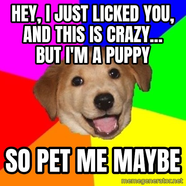 Advice Dog meme: Hey, I just licked you, and this is Crazy... But I'm a Puppy / So Pet me maybe
