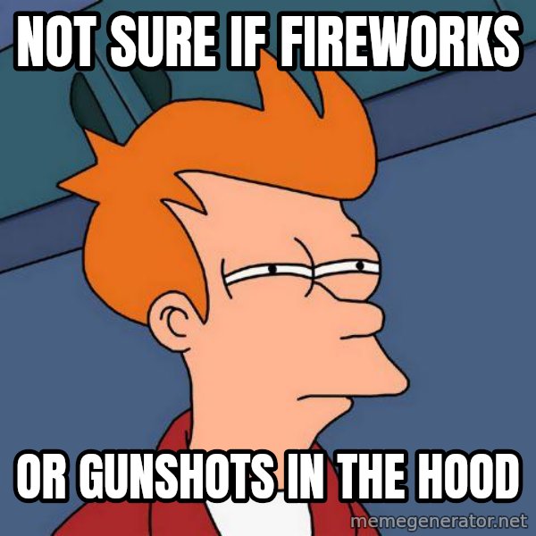Futurama Fry meme: Not sure if fireworks / or gunshots in the hood