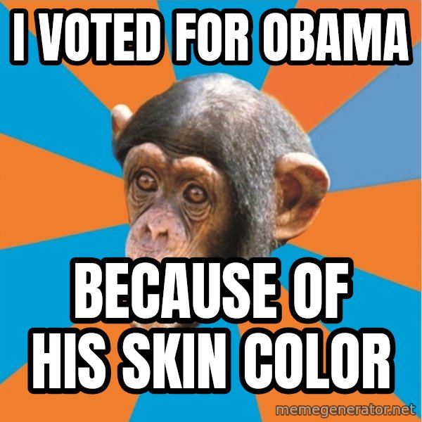 Stupid Monkey meme: I voted for Obama / because of his skin color