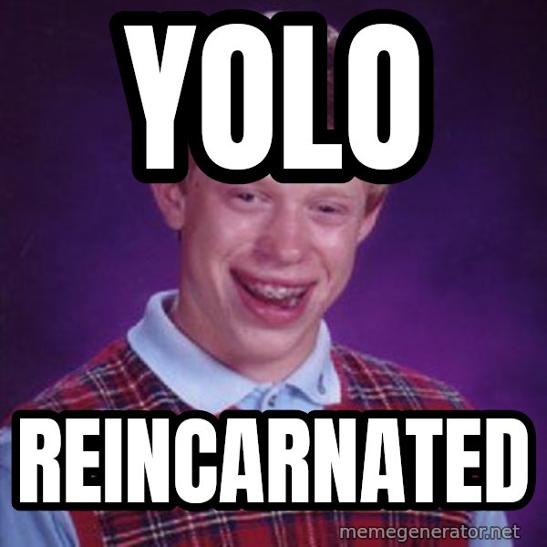 Bad Luck Brian meme: yolo / reincarnated