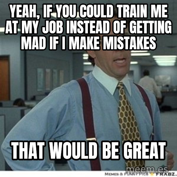 Office Space That Would Be Great meme: Yeah, if you could train me at my job instead of getting mad if I make mistakes / That would be great