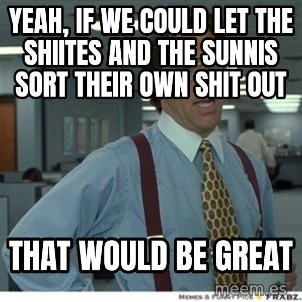 Office Space That Would Be Great meme: yeah, if we could let the shiites and the sunnis sort their own shit out / that would be great