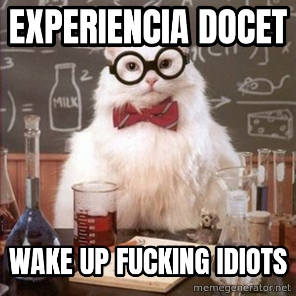 Chemistry Cat meme: experiencia docet / wake up fucking idiots
